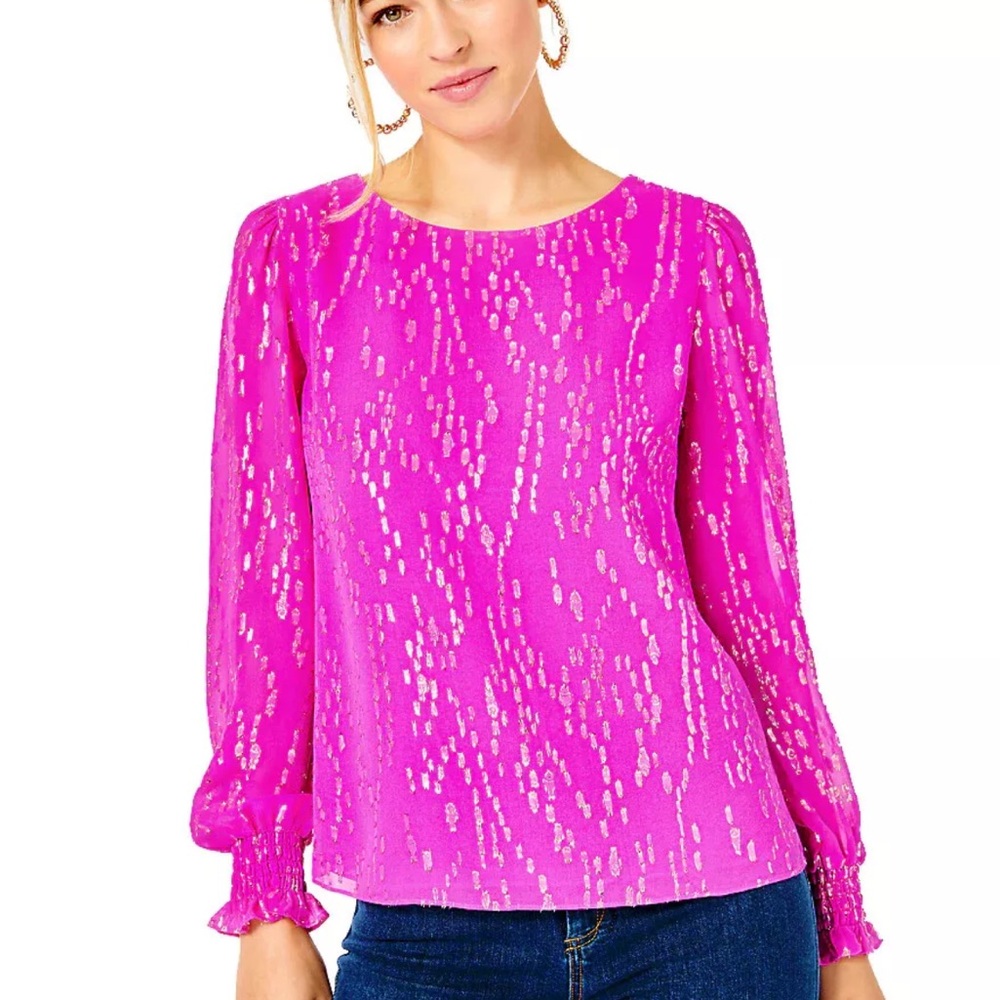 Lilly Pulitzer IDINA SILK TOP Elderberry Fish Clip Chiffon Pink Gold M NWT